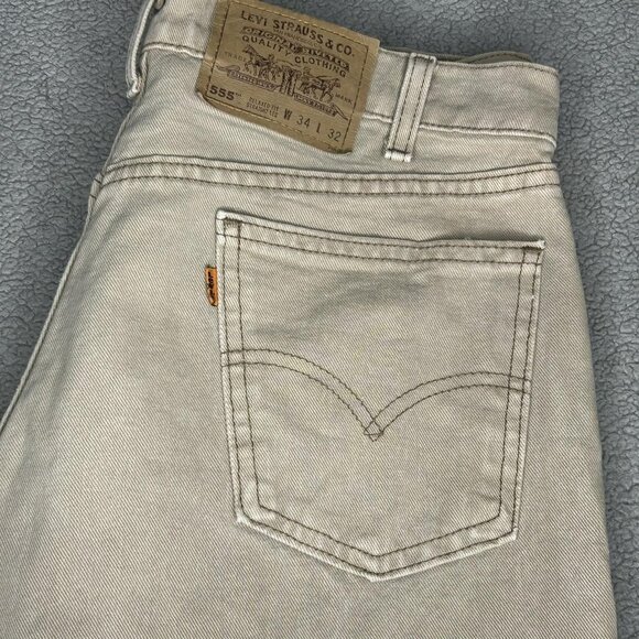Levis 555 Jeans Mens 34x29.5 Tan Khaki Relaxed Fit Straight Leg Orange Tab USA - Picture 1 of 16